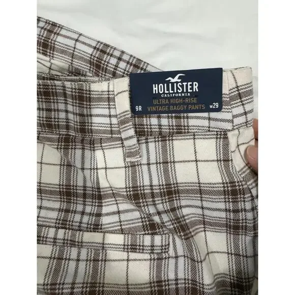 NWT Hollister Brown & White Plaid Ultra High Rise Vintage Baggy Pants Size 9 29w - Picture 4 of 7